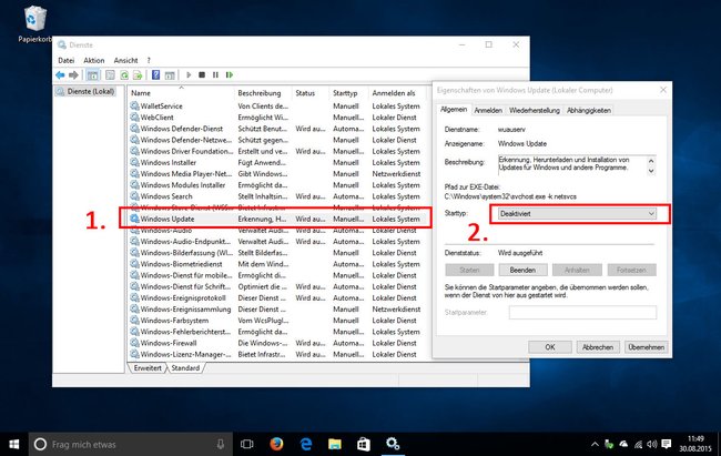 Hier deaktivieren wir den Dienst „Windows Update“.