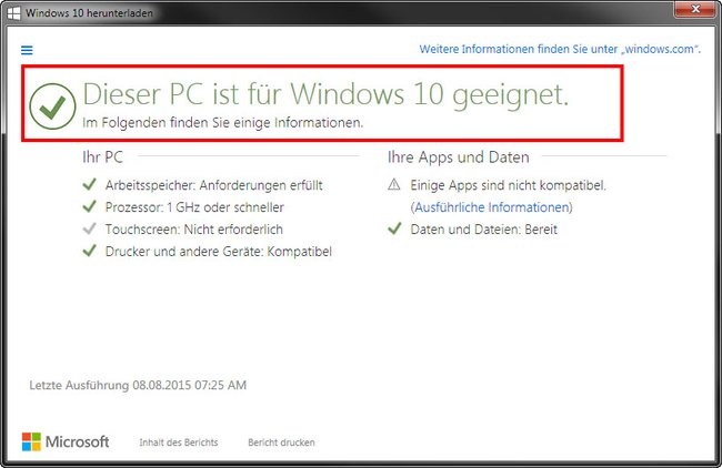 Der Upgrade Advisor sagt, dass der PC für Windows 10 geeignet ist.
