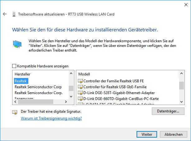 Windows 10: Hier wählt ihr manuell euren WLAN-Treiber zu eurem Netzwerkadapter aus.