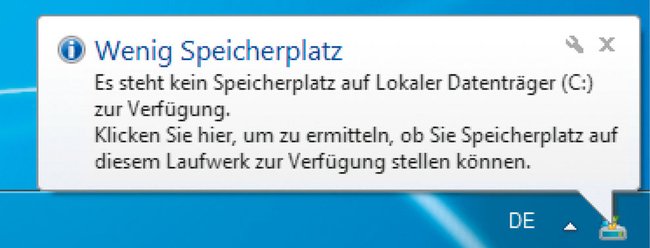 Windows-7-Meldung: Die Festplatte ist fast voll.