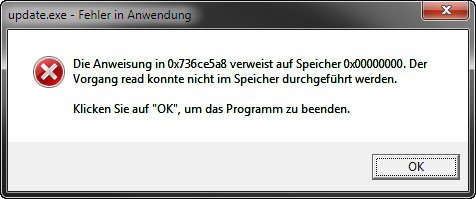 Die Fehlermeldung in Windows 7: update.exe - Fehler in Anwendung.
