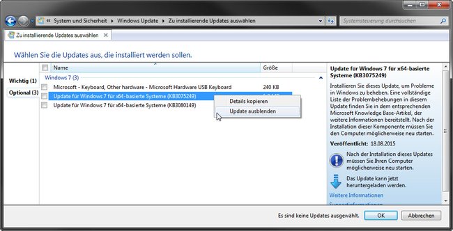 Windows 7 und 8: Hier blendet ihr Windows-Updates aus, damit sie nicht erneut installiert werden.