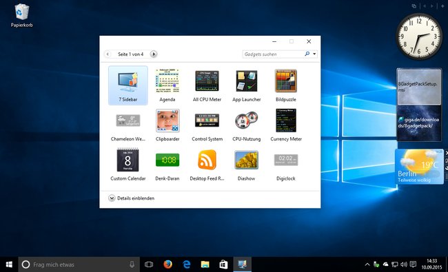 Windows 10: Das Tool 8GadgetPack bringt die Minianwendungen zurück auf den Desktop. Bild: GIGA