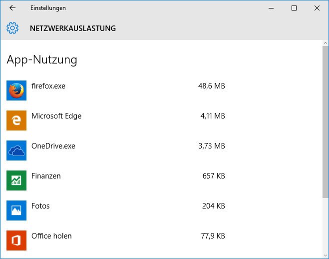Windows 10 listet alle Programme und Apps mit ihrem Datenverbrauch auf.