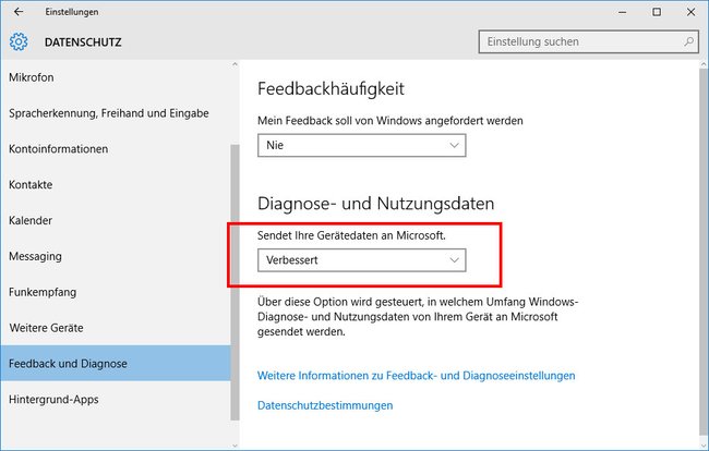 Windows 10: In den Feedback-Einstellungen stellt ihr hier "Verbessert" ein, um die Meldung los zu werden.