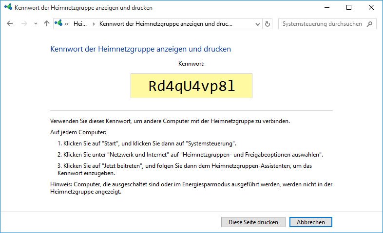 Windows 10: Das Kennwort für die Heimnetzgruppe könnt ihr in die Zwischenablage kopieren oder drucken.