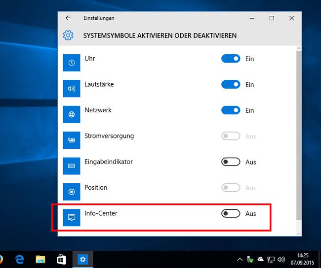Windows 10: Das Info-Center ist deaktiviert und wird in der Taskleiste nicht mehr angezeigt.