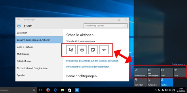 Windows 10: Hier passt ihr die Symbole des Info-Center an.