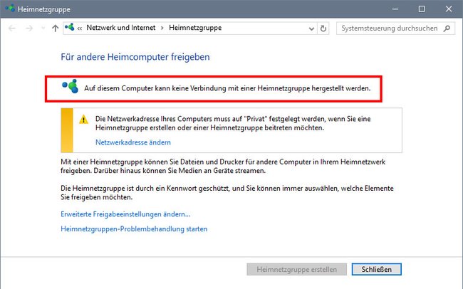 Fehlermeldung: Auf diesem pc kann keine heimnetzwerkgruppe erstellt werden.