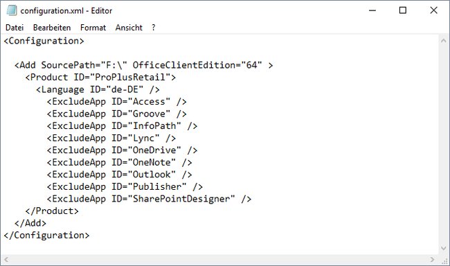 Office 2016: Ändert die Datei configuration.xml so ab wie hier gezeigt.