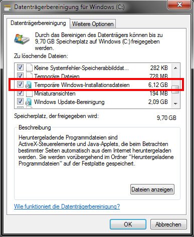 Die Datenträgerbereinigung löscht den Ordner $Windows.~BT.