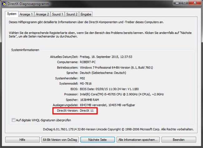 Dxdiag: Das Diagnoseprogramm zeigt an, dass DirectX 11 installiert ist.