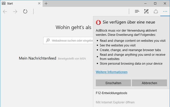 Microsoft Edge: Die Adblock-Erweiterung muss erst eingeschaltet werden.