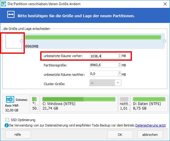 Easeus Partiton Master: Um diese Größe wird später die andere Partition vergrößert.