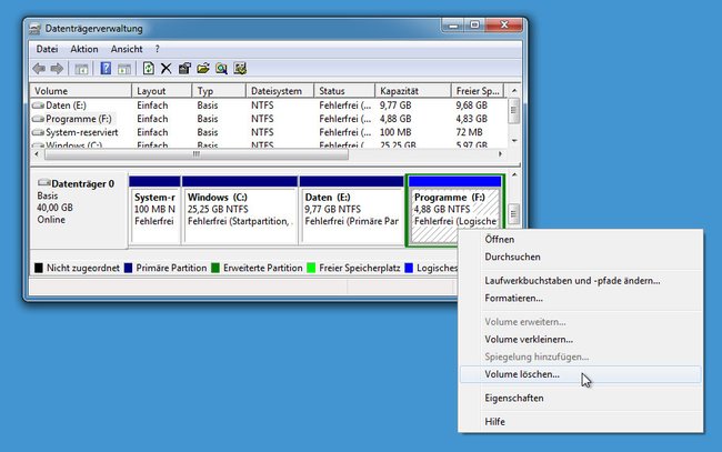 Partition löschen: So geht's in der Windows-Datenträgerverwaltung.