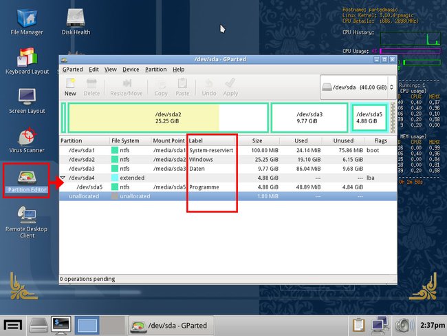 Partition löschen mit Parted Magic: Die Bezeichnung der Partitionen wird unter "Label" angezeigt. (Bildquelle: GIGA)