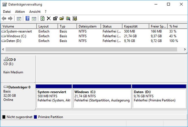 Die Datenträgerverwaltung zeigt in der unteren Grafik an, wie die Partitionen auf eurer Festplatte liegen.