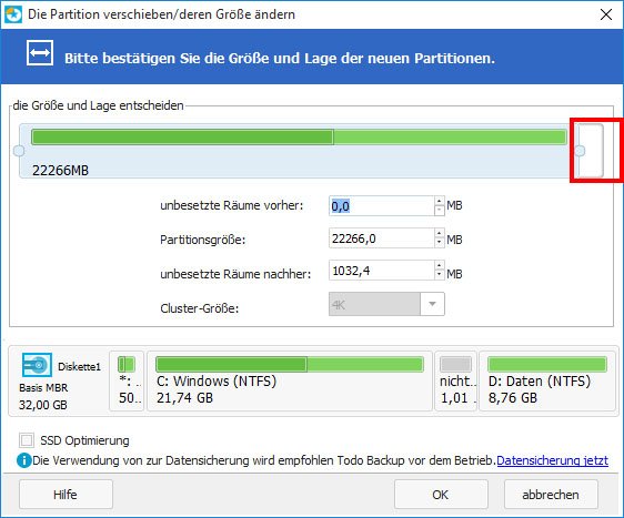 Hier vergrößert ihr eure Partition in Windows.