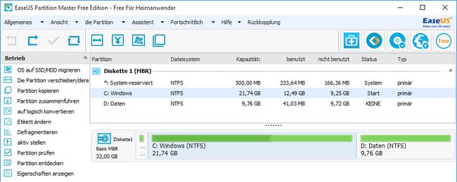 Easeus Partition Master: Das Tool zeigt aller Partitionen der Festplatte.