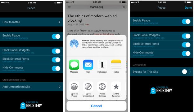 Ein bisschen „Peace“: iOS 9 Content-Blocker nutzt Ghostery-Datenbank