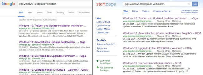 Vergleich: Google und Startpage liefern sehr ähnliche Suchergebnisse.