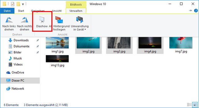 Windows 10: Hier startet ihr ausgewählte Bilder als Diashow. (Bildquelle: GIGA)