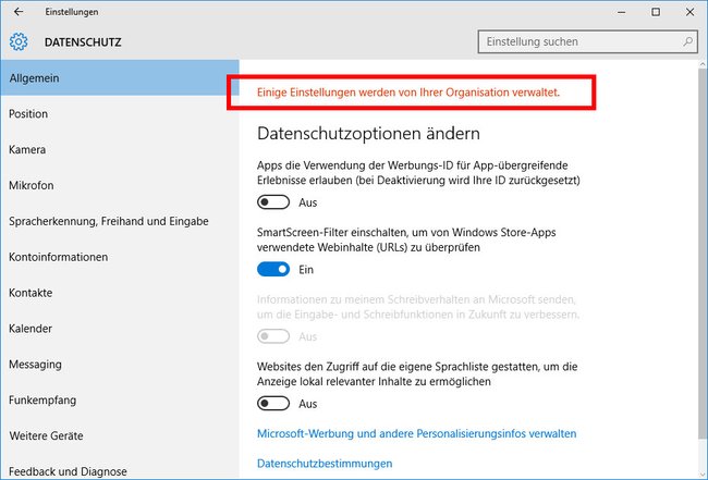Windows 10: Angeblich verwaltet eine Organisation bestimmte Einstellungen.