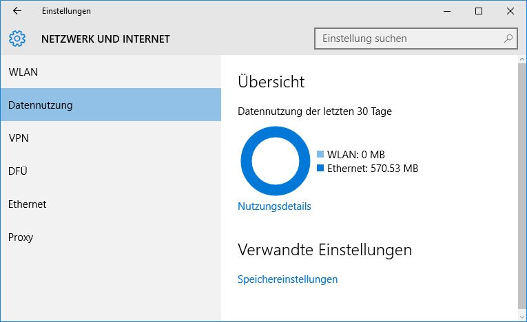 Windows 10 zeigt den Datenverbrauch von WLAN- und Ethernet-Verbindungen an.