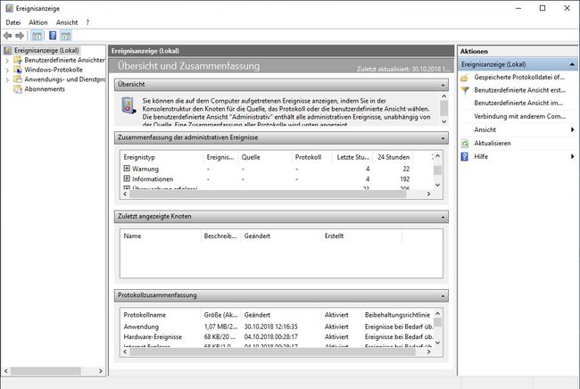 Die Ereignisanzeige in Windows 10. (Bildquelle: GIGA)