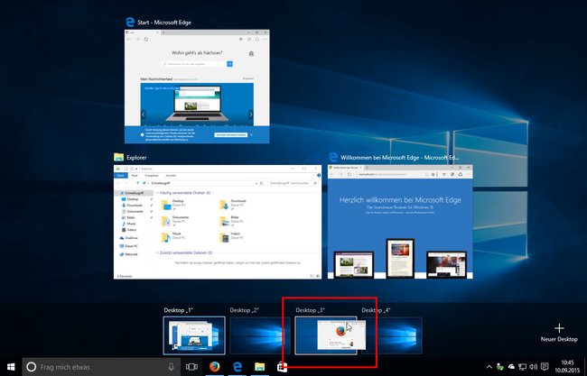 Windows 10: Hier verschieben wir Firefox von Desktop 1 auf Desktop 3.