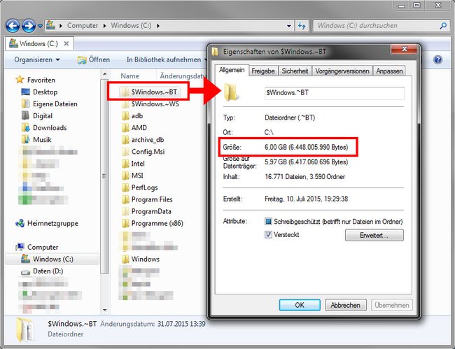 Das Windows-10-Upgrade wird immer wieder in den Ordner $Windows.~BT geladen und belegt dort Platz.