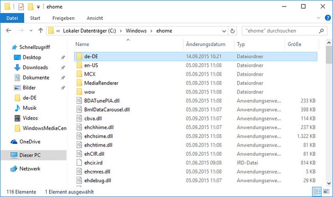 Windows 10: Der Ordner de-DE wurde mit den deutschen Sprachdateien in das Verzeichnis C:\Windows\ehome kopiert.