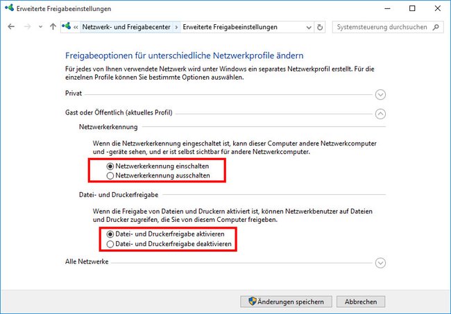Windows 10: Hier aktiviert ihr die Netzwerkerkennung und die Dateifreigabe.