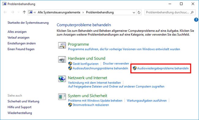Windows 10: Die Problembehandlung kann auch Sound- und Audio-Probleme lösen.