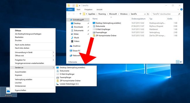 Die Einträge des Ordners SendTo zeigt Windows 10 im Senden-an-Menü.