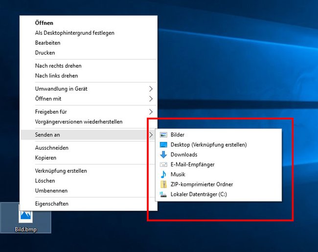 Windows 10: Hier ist das Senden-an-Menü mit neuen Verknüpfungen.