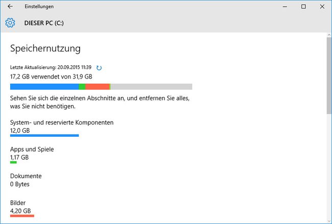 Windows 10 zeigt die Speicherbelegung von Apps, Programmen und den eigenen Dateien an.