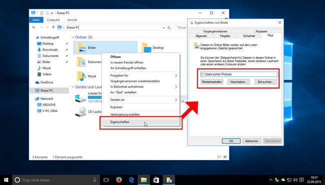 Windows 10: Hier verschiebt ihr den Speicherort der Eigenen Dateien.