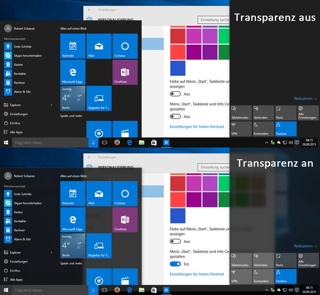Vergleich: Windows 10 mit aktivierten und deaktivierten Transparenz-Effekten.
