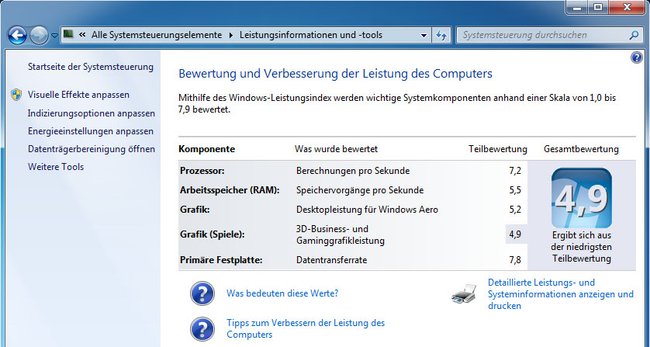 Windows-Leistungsindex: Wer hier eine neue Grafikkarte einbauen will, sollte auch gleich den Arbeitsspeicher aufrüsten.