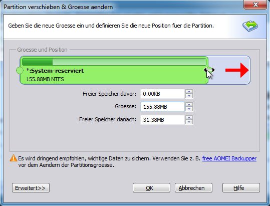 Hier vergrößert ihr die Partition System-reserviert.