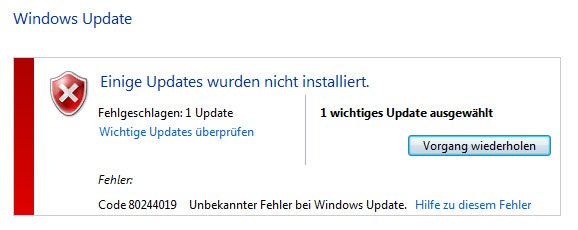 Windows Update Fehler: Einige Updates wurden nicht installiert. Den zugehörigen Code seht ihr darunter.