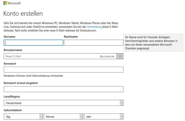Microsoft Konto erstellen
