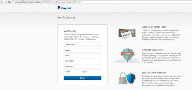 PayPal phishing dateneingabe zweiter schritt