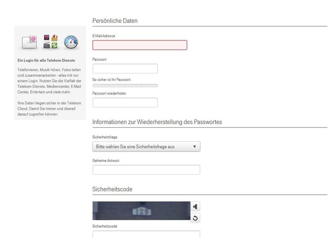 Telekom Registrierung Eingabemaske