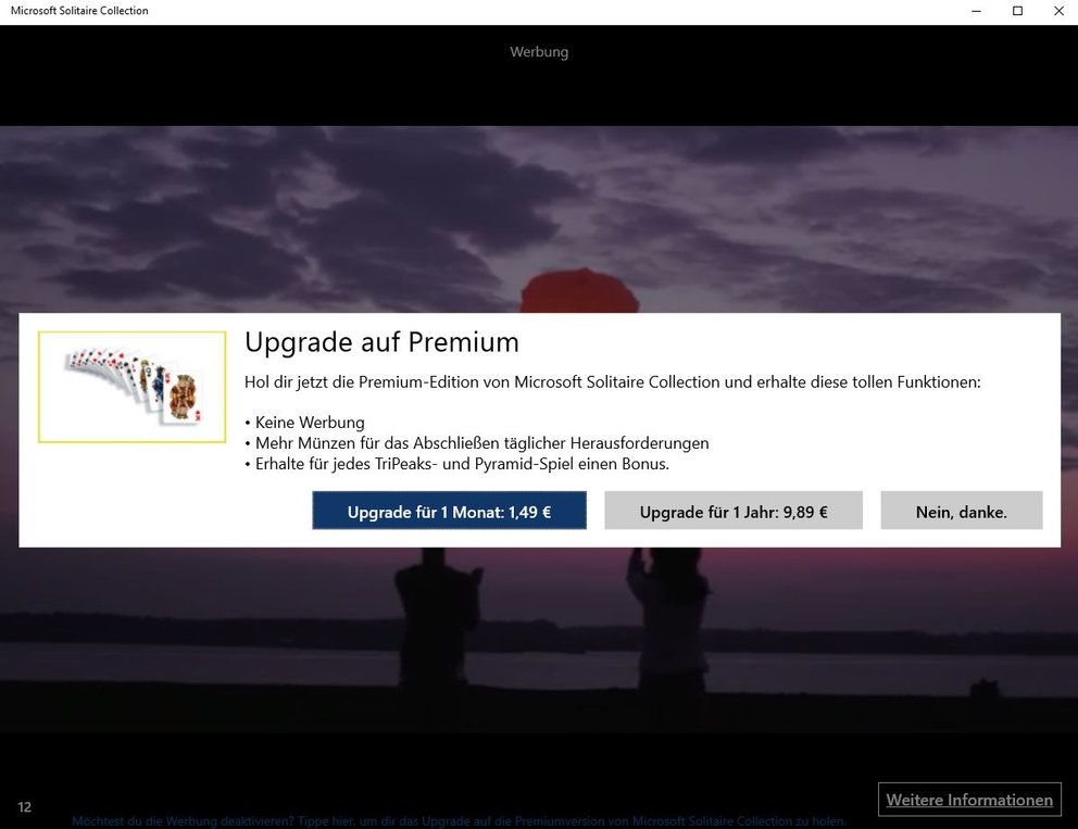 Windows 10: Um die Werbung in Solitaire abzuschalten ist, muss man ein Premium-Upgrade durchführen. Allerdings tauchen die Einblendungen nur in bestimmten Spielmodi auf.