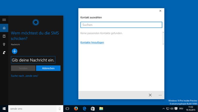 Windows 10: Cortana sendet SMS an ausgewählte Kontakte.