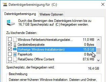 Mit der Datenträgerbereinigung löscht ihr den Ordner Windows.old in Windows 10. Bildquelle: tutonaut.de