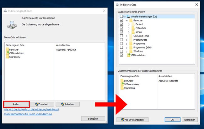 Windows 10: Hier fügt ihr neue Ordner für die Datei-Indizierung hinzu oder entfernt sie.