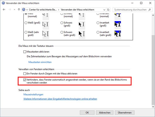 Windows 10: Hier deaktiviert ihr das automatische Andocken von Fenstern am Bildschirmrand.